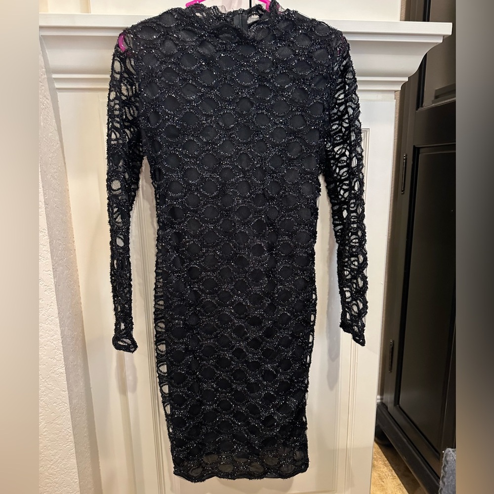Long sleeve Black shiny bodycon mini dress (small)